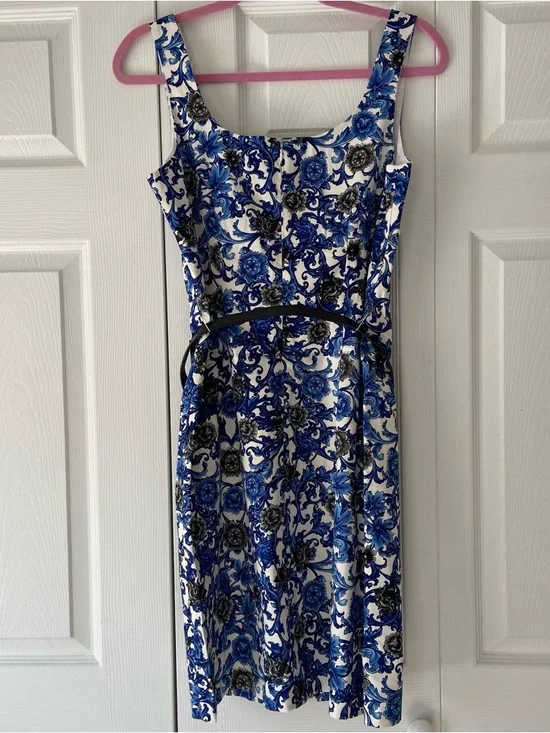 Premise Blue White Floral Damask Sheath Dress Size 4 NWT Belted Boho Career - Picture 8 of 8
